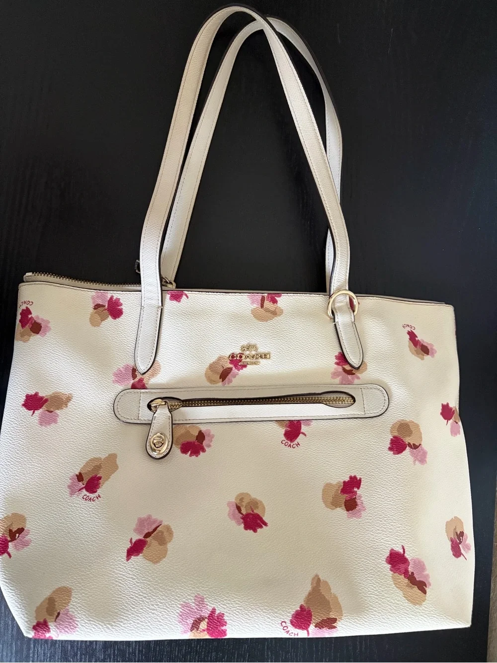 Coach Cream Tote with Pink and Tan Floral Accents